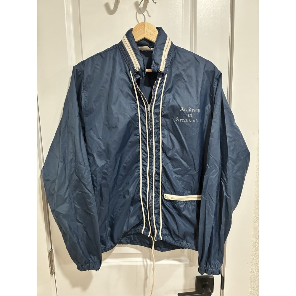 Vintage 1970s Academy Of Aeronautics Full Zip Blue Windbreaker Jacket Size Small